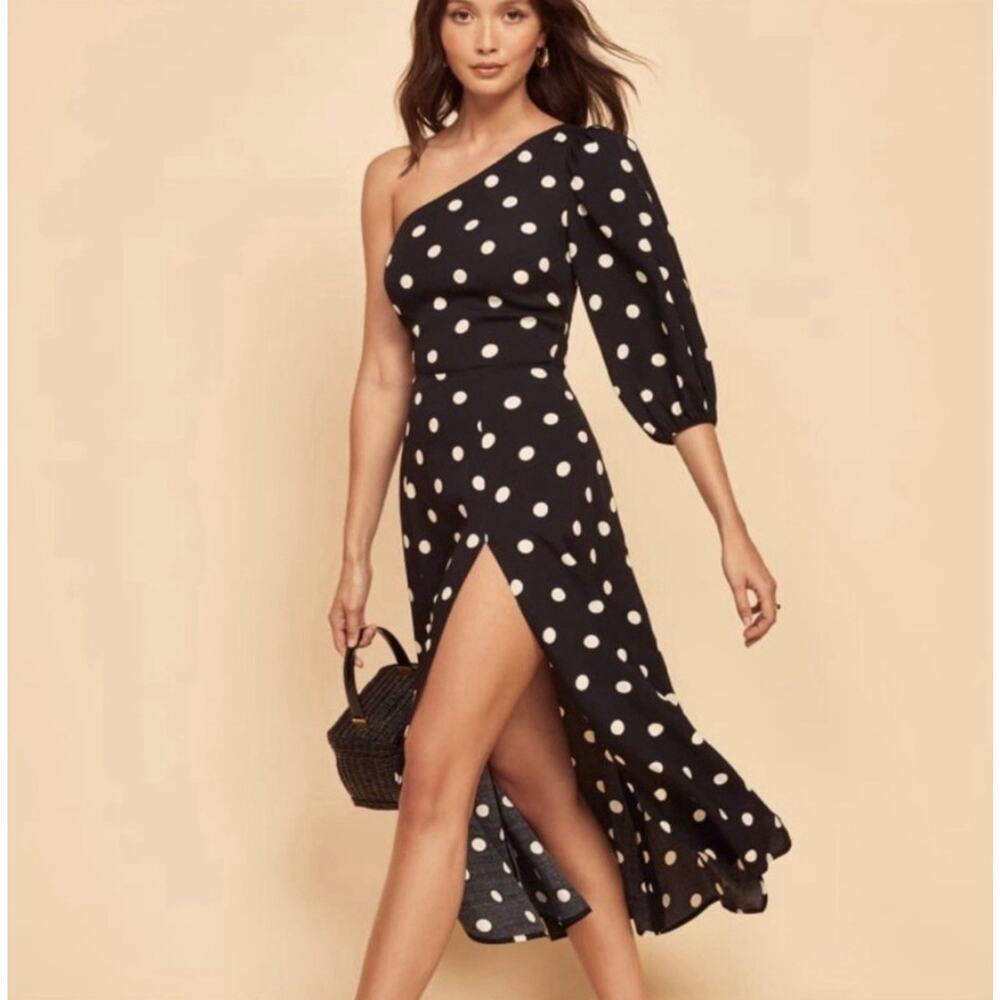 Reformation Lawrence One Shoulder Polka Dot Midi Dress 4‎ Black Wedding Shower